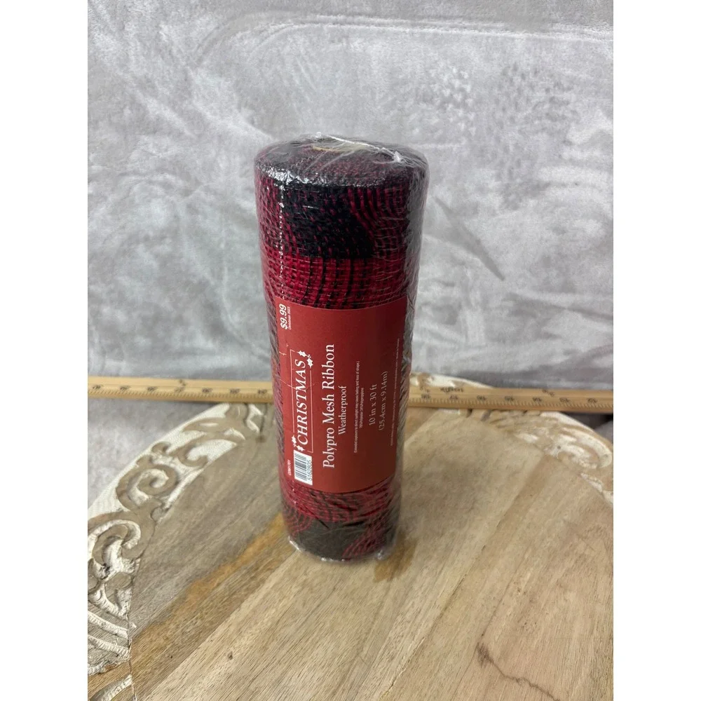 Hobby Lobby Christmas Polypro Mesh Ribbon Red Black Buffalo Plaid 10in x 30ft
